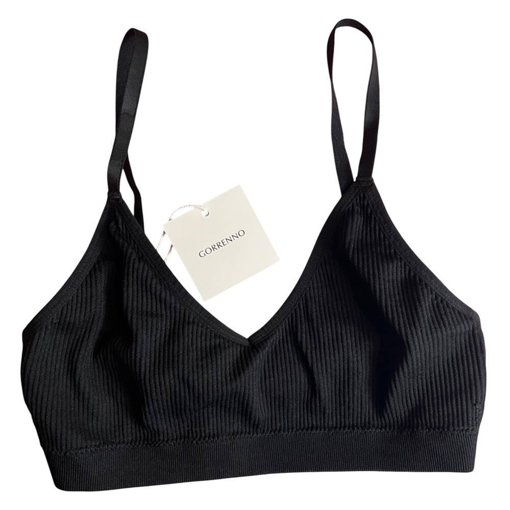 Gorrenno Black Ribbed Bralette Adjustable Straps V-Neck Cotton Blend Size L